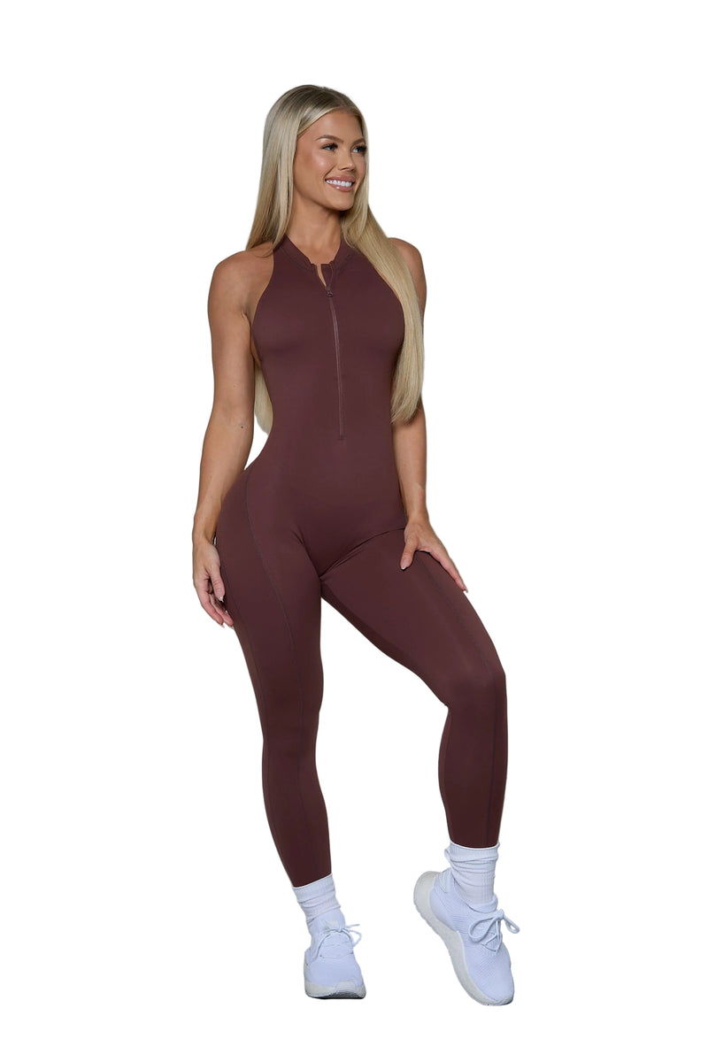 Brown Sleeveless Zipper Scrunch Butt Jumpsuit — sleeveless cut, front-zip, scrunch butt detail | Pcheebum