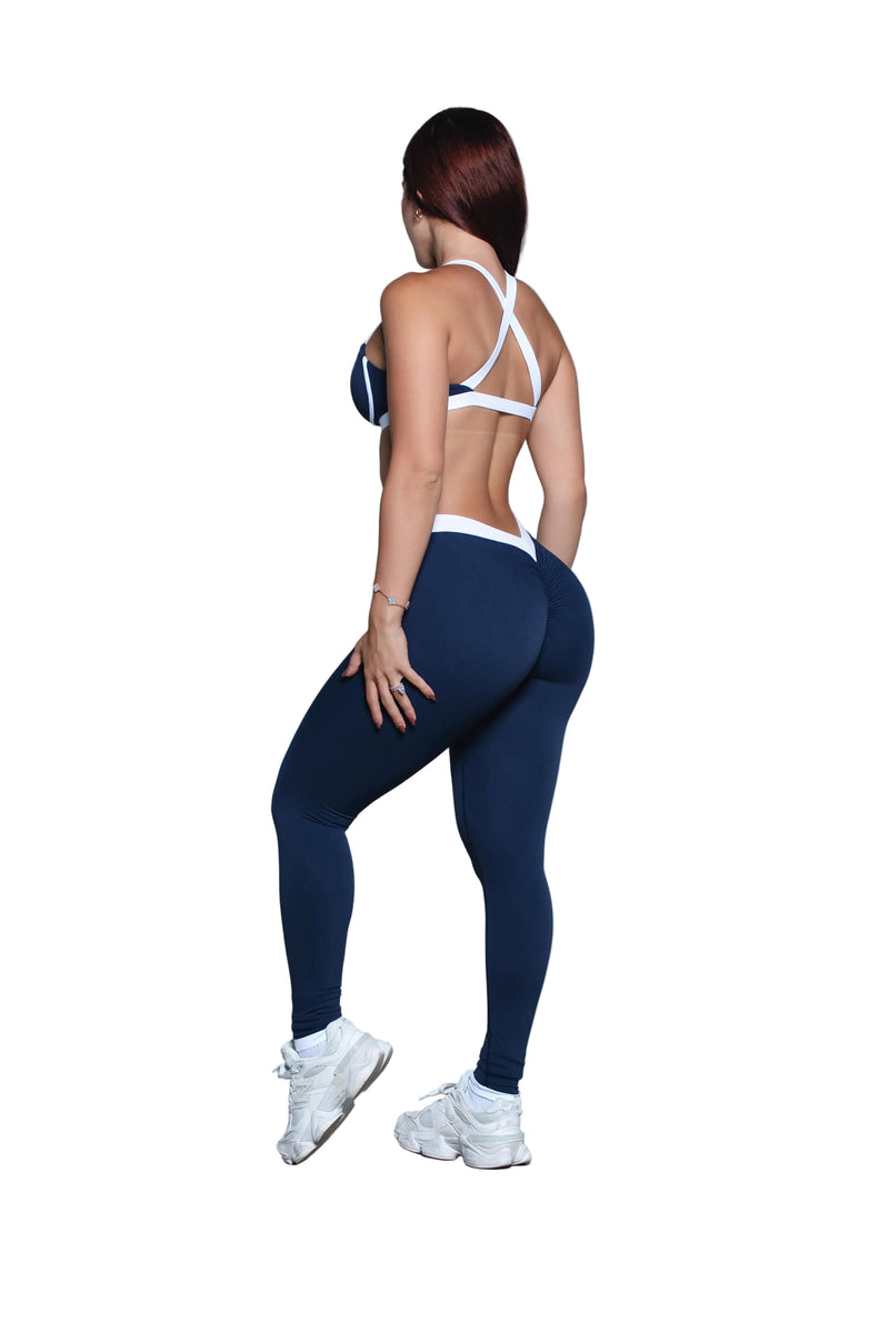 Pchee Navy and White V-Waist Scrunch Butt Leggings