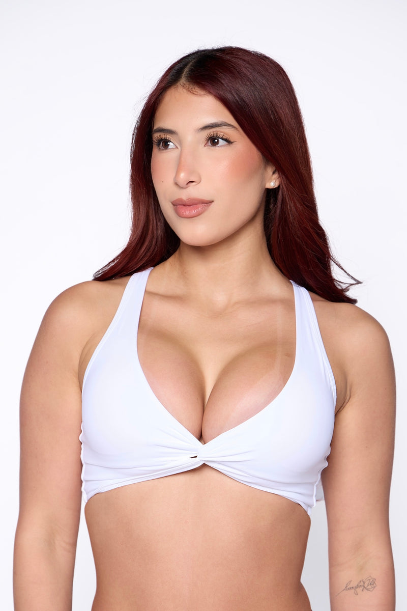 White Twist Sports Bra — back view showing twist front