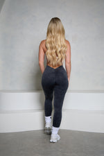 Black Acid Wash Low V-Back Scrunch Butt Leggings — back view showing low V-back
