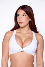 White Twist Sports Bra — back view showing twist front