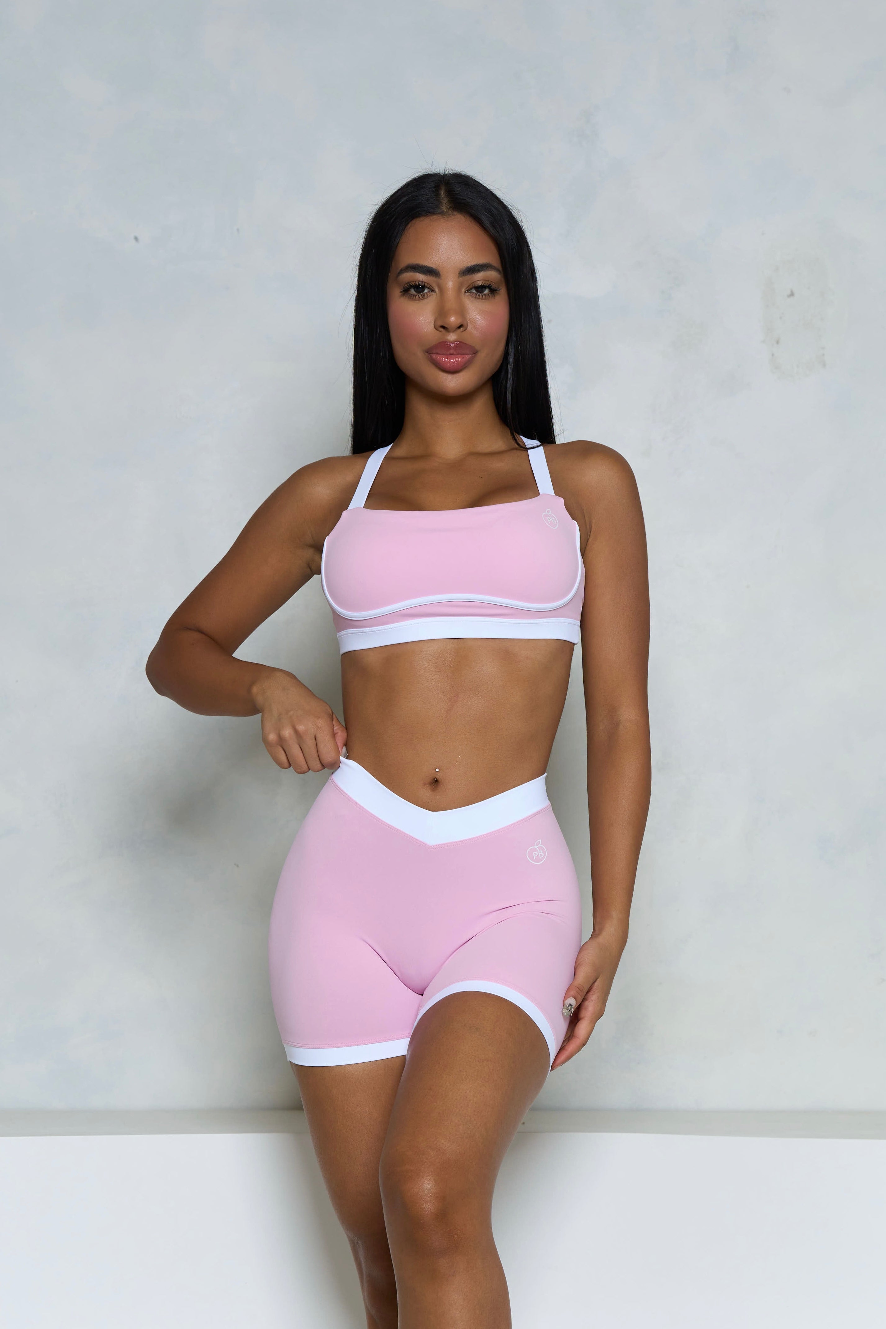 Pchee Light Pink and White V-Waist Scrunch Butt Shorts