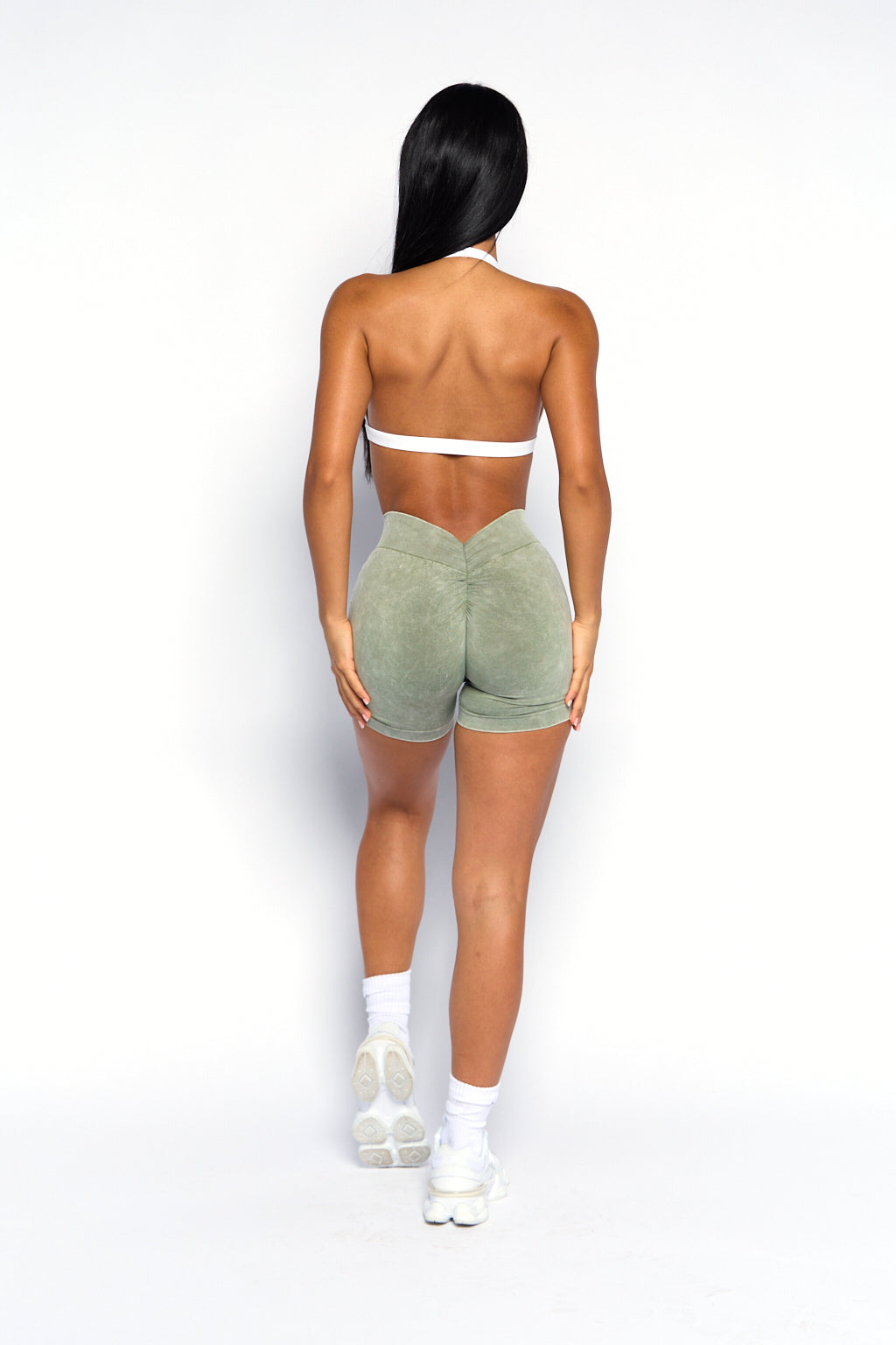 Olive Acid Wash Low V-Back Scrunch Butt Shorts