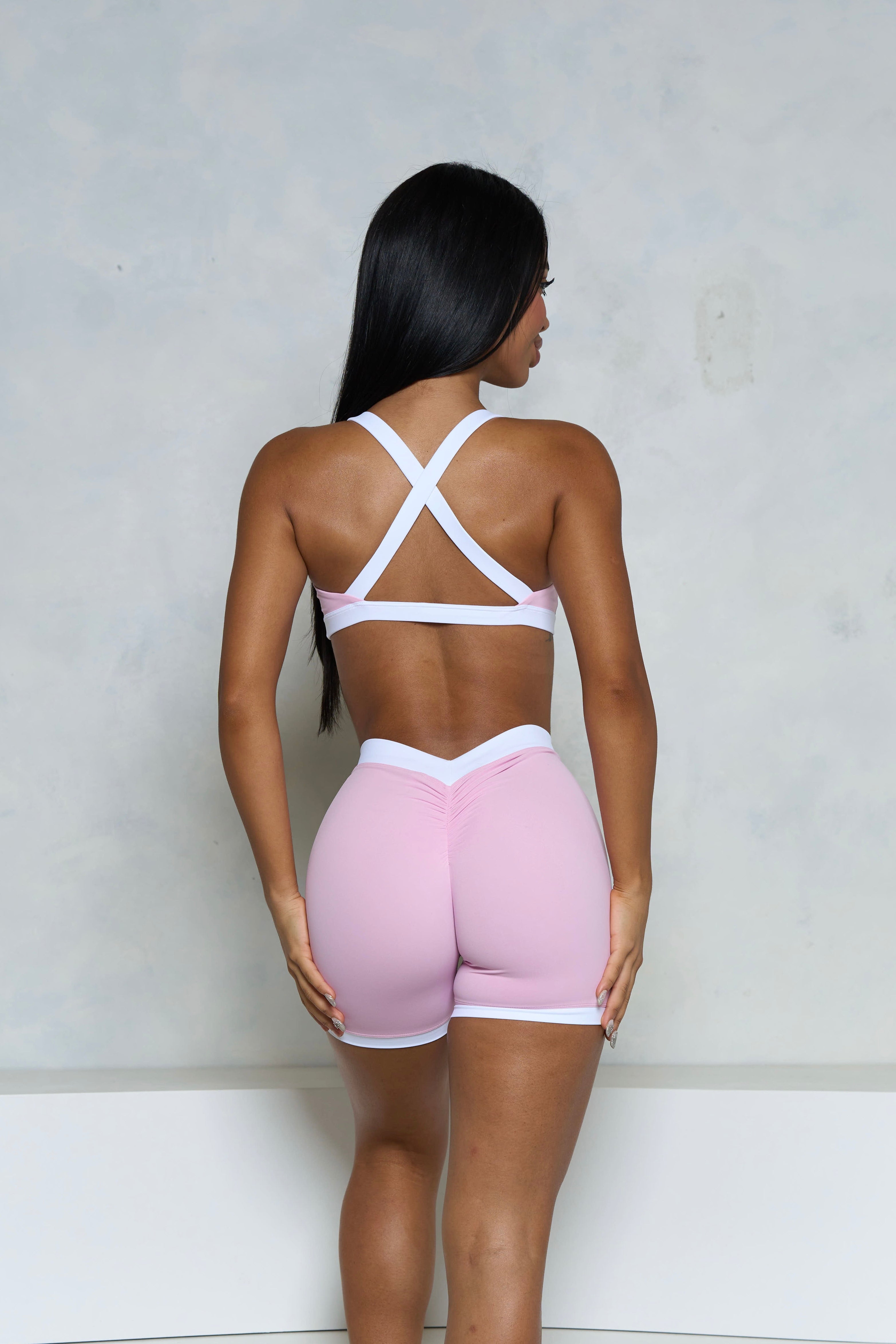 Pchee Light Pink and White V-Waist Scrunch Butt Shorts