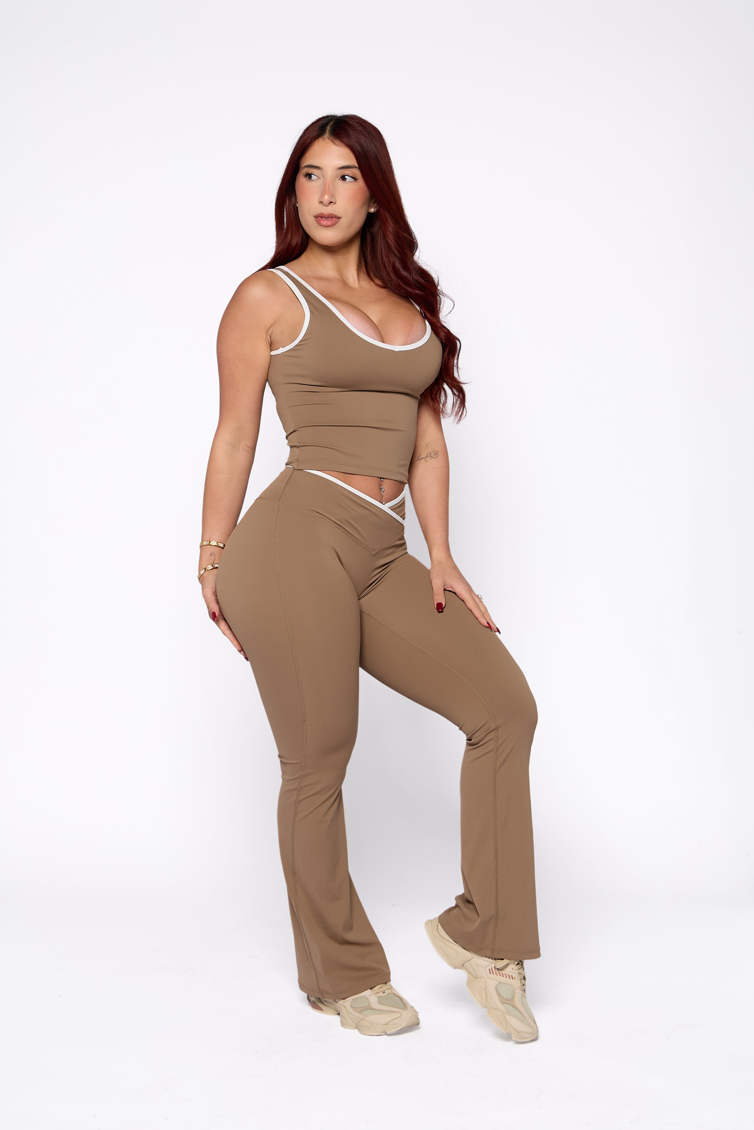 Mocha Two-Tone V-Waist Flare Pant Set