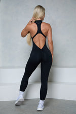 Black Sleeveless Zipper Scrunch Butt Jumpsuit — sleeveless cut, front-zip, scrunch butt detail | Pcheebum