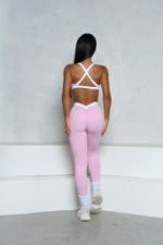 Light Pink and White V-Waist Scrunch Butt Leggings — fabric and waistband detail